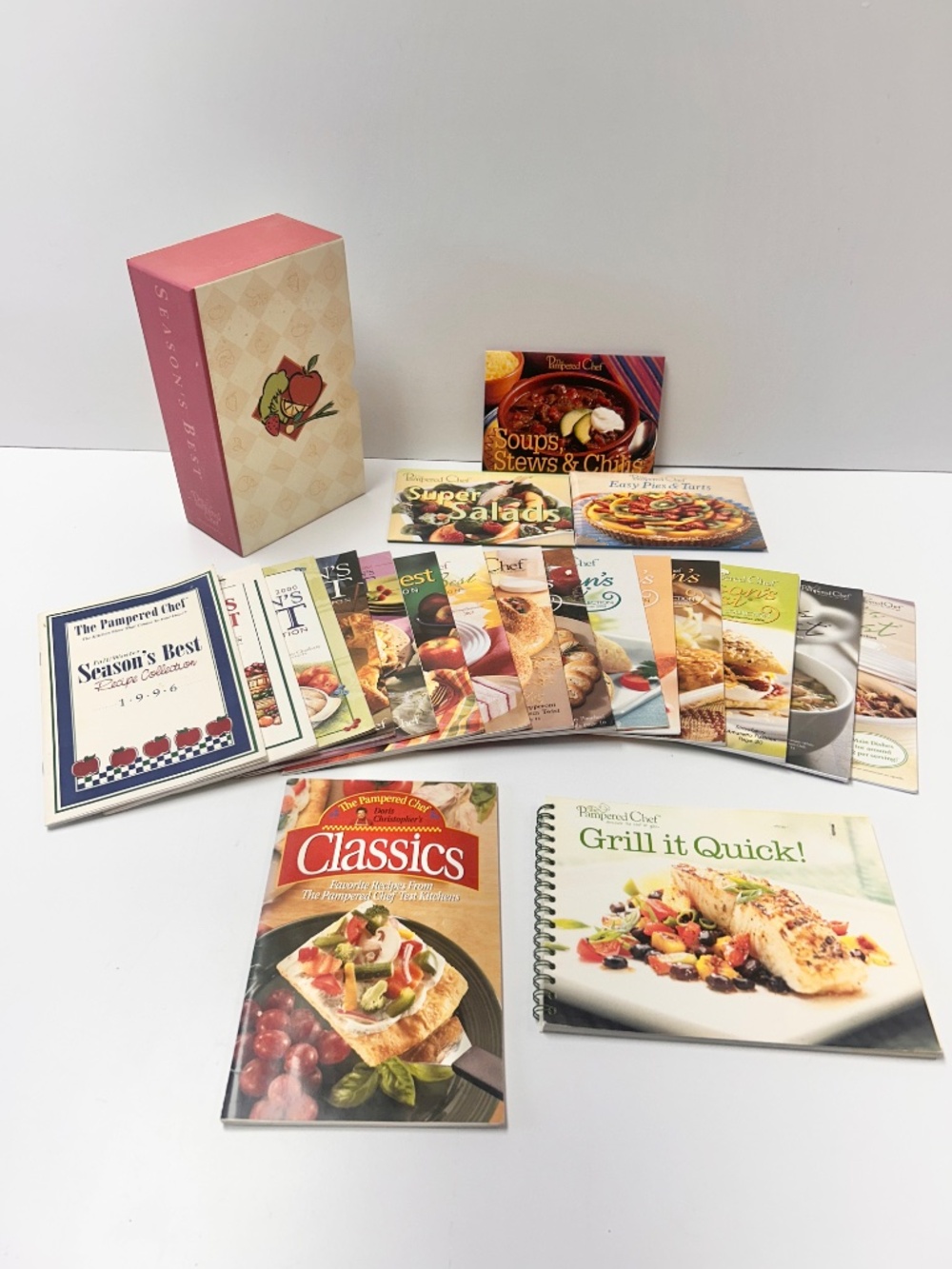 Pampered Chef Season's Best Recipe Collection Lot 16 Booklets Sleeve Box & More